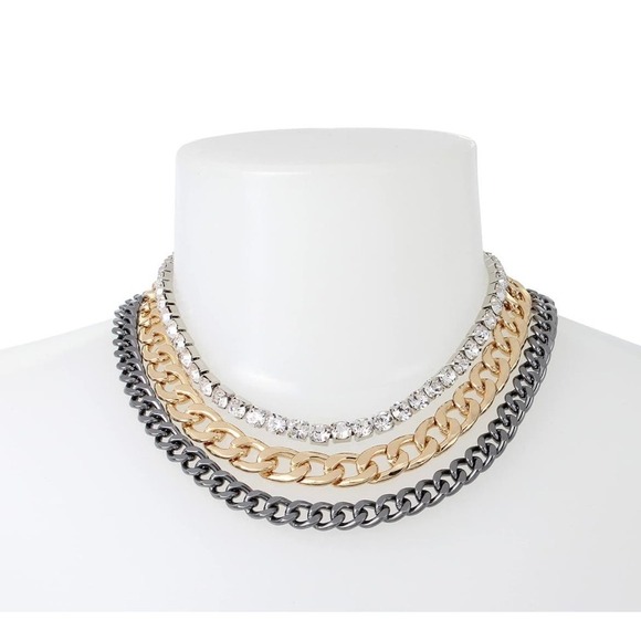Steve Madden Layered Tri Tone Mixed Metal Bling Stones Curb Chain Necklace New - Picture 1 of 16